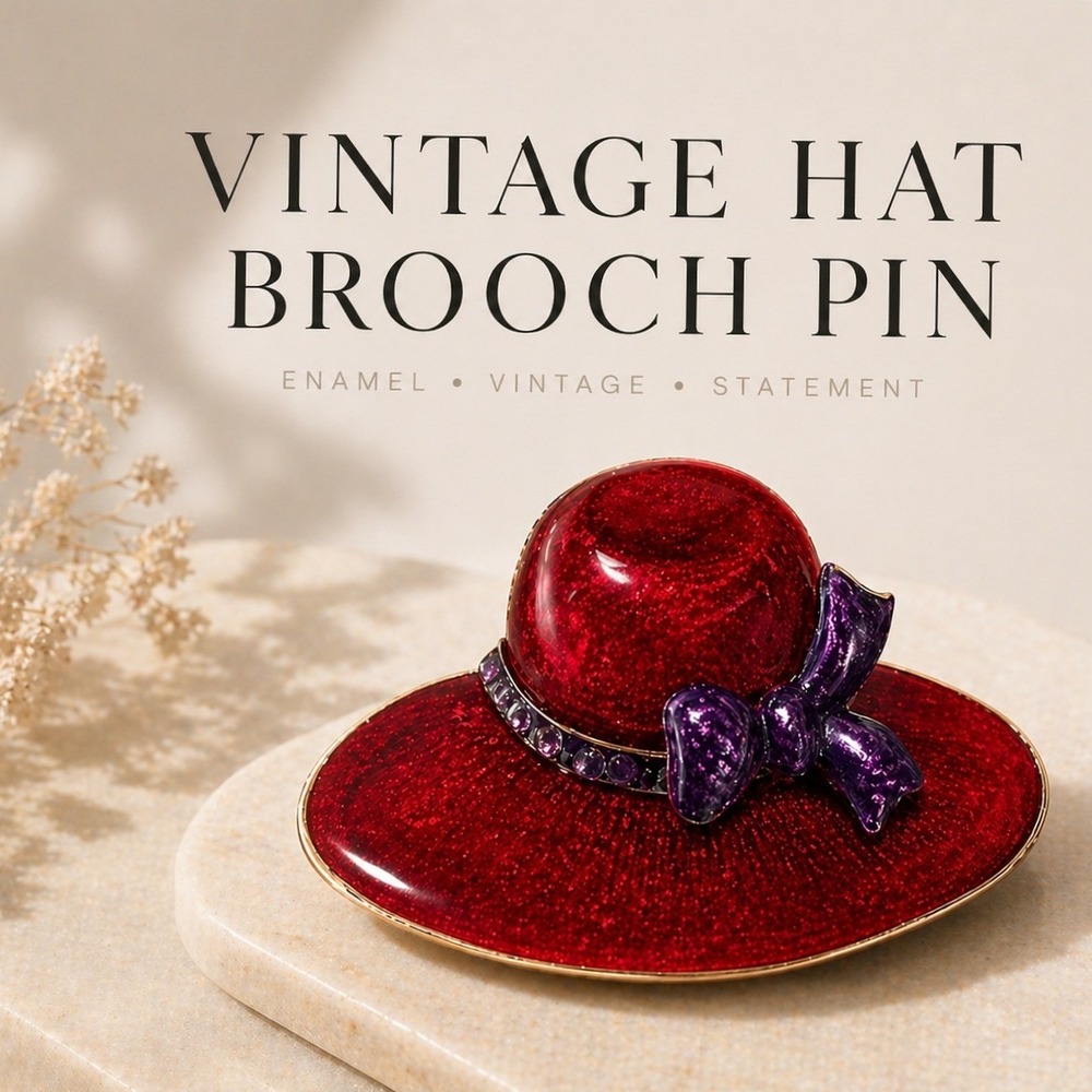 Vintage Red Hat Brooch Pin w/ Purple Bow | Enamel Statement Piece |‎ Retro Chic